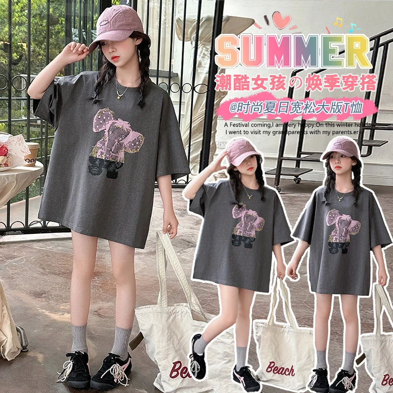 女童夏装短袖休闲卡通印花2025夏季新款6-12岁时髦儿童装洋气潮款