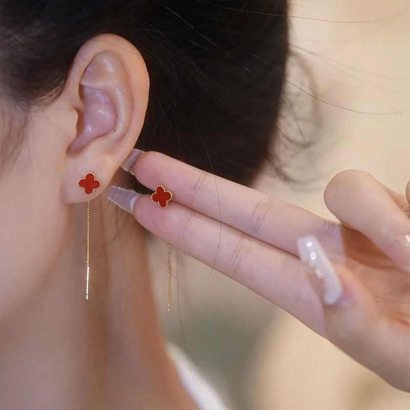 合金耳饰 【七夕送礼】幸运四叶草耳线轻奢耳钉女长款链条流苏耳环