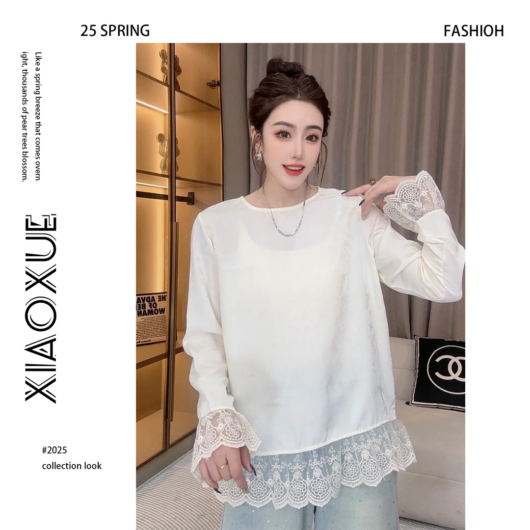 【小雪严重】蕾丝设计感长袖白色时尚宽松圆领ol拼接重工镂空7118