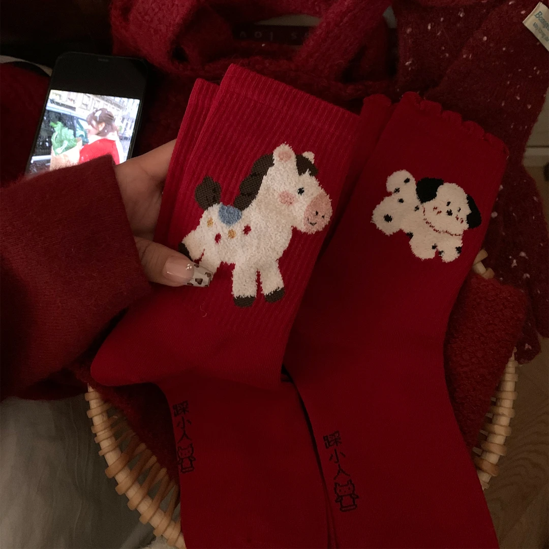 植绒小马本命年红袜子女中筒袜秋冬款加厚保暖新年2026马年长筒袜