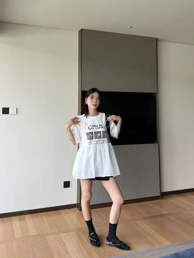 TOWARD 福秒（9towH50058#) 真两件 叠穿网纱吊带+字母T恤9-624