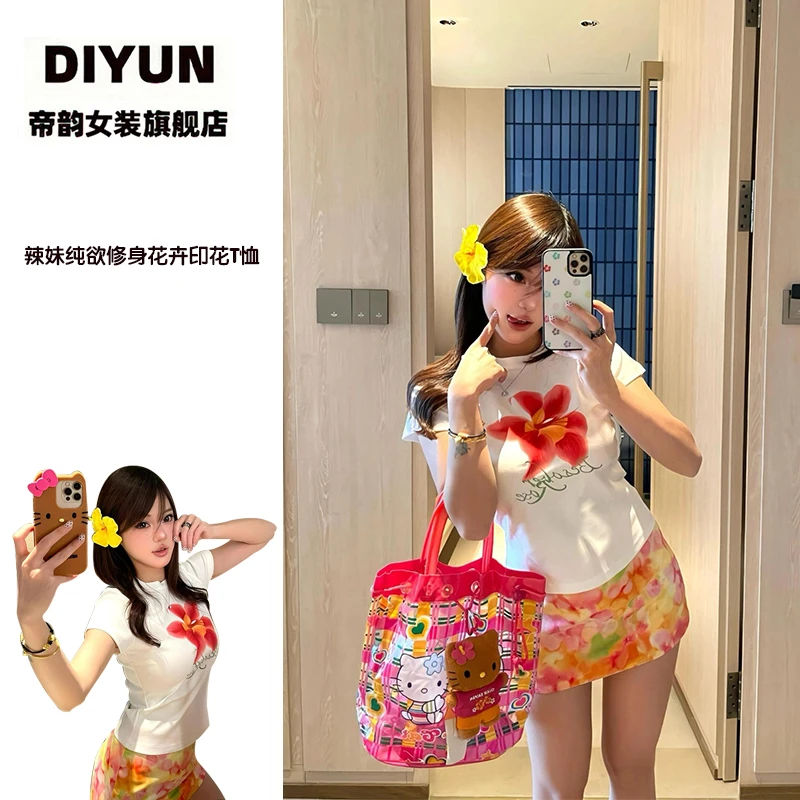 【帝韵】美式花卉印花短袖t恤女夏季新款辣妹纯欲修身正肩短款上衣