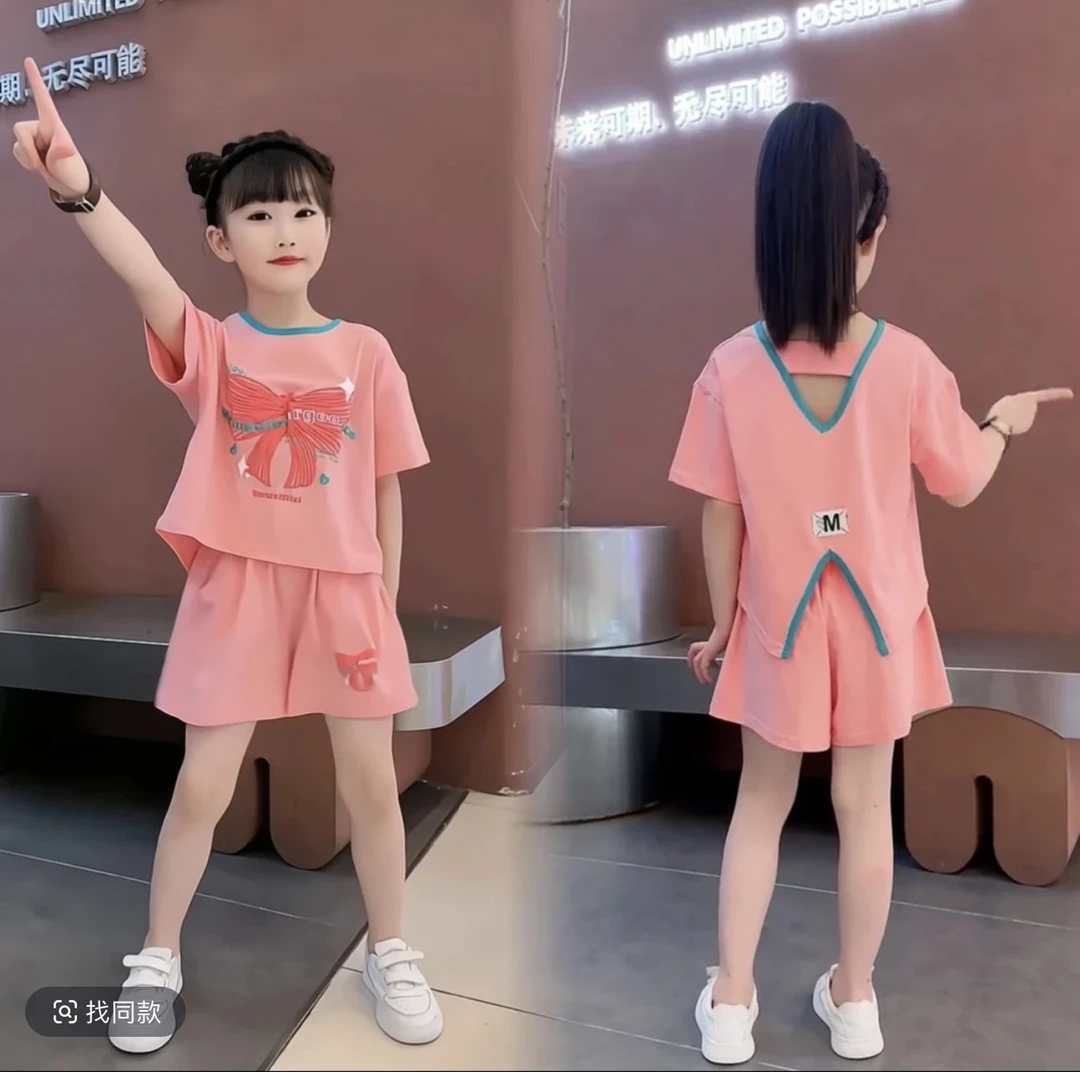 女童夏季2025新款中大童儿童网红蝴蝶结休闲时尚女孩短袖套装百搭