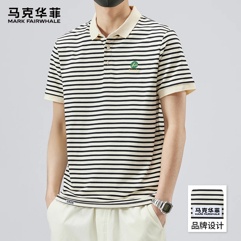 马克华菲薄款透气条纹短袖T恤男士2025夏季新款宽松休闲翻领体恤