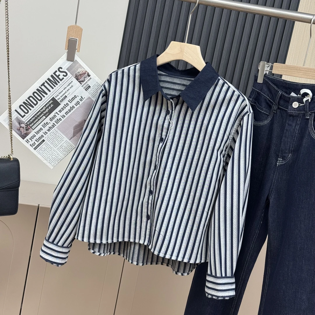 翻领拼色长袖衬衫宽松显瘦百搭休闲上衣2025春季春游女装C3003