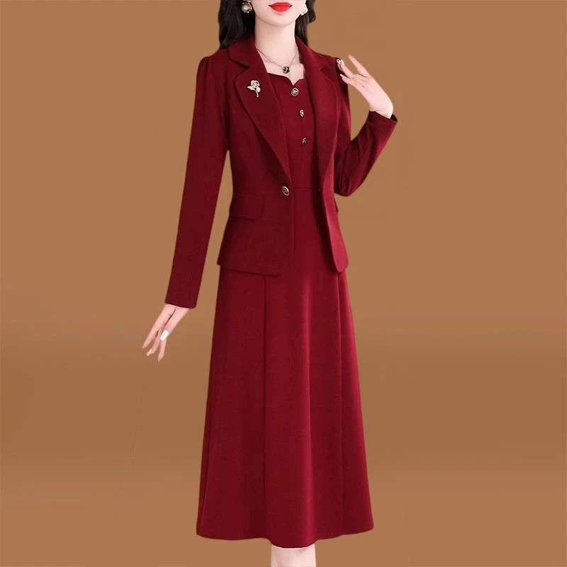 喜婆婆婚宴装2025新款女春秋季连衣裙长袖妈妈婚礼服十三行两件套