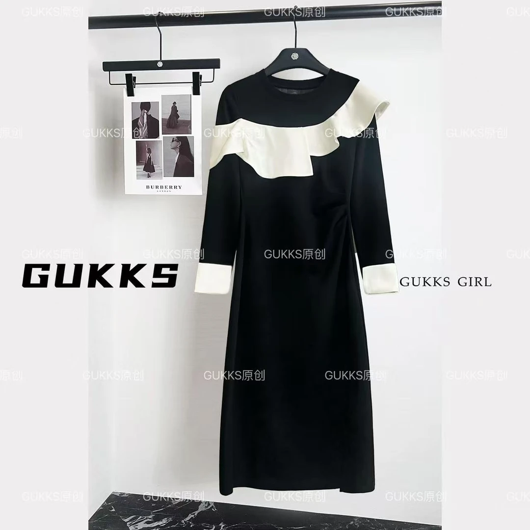 GUKKS/2025新款秋冬女装优雅荷叶边连衣裙GK834