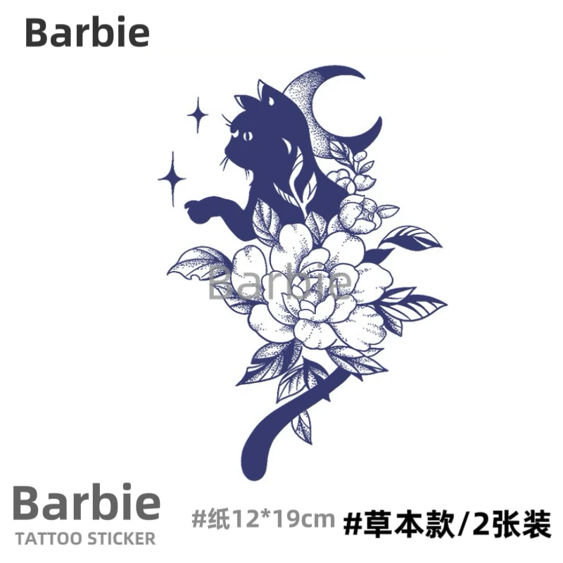 Barbie 黑猫与花 草本款防水纹身贴