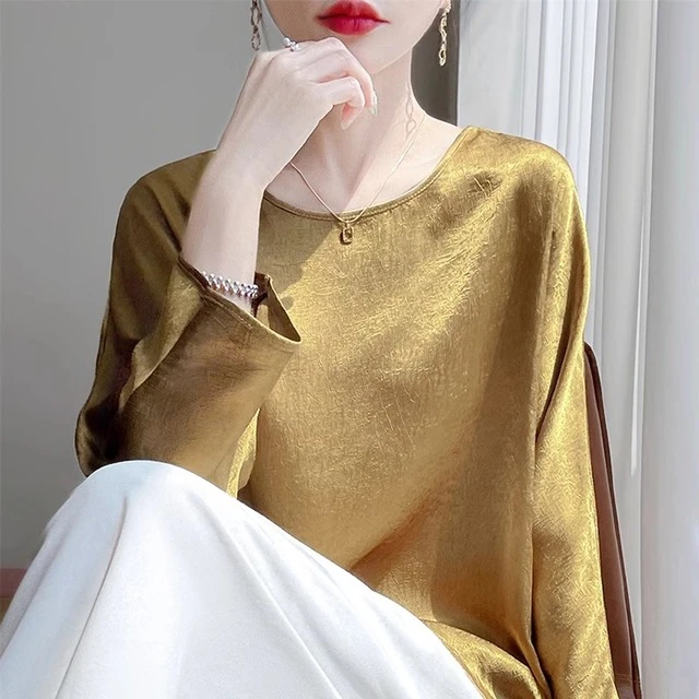 垂感顺滑缎面圆领七分袖上衣女夏立体浮雕肌理感宽松气质职业打底