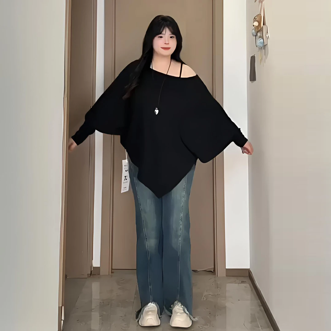 300斤大码女装韩系温柔风一字肩长袖针织衫女胖mm不规则露肩上衣