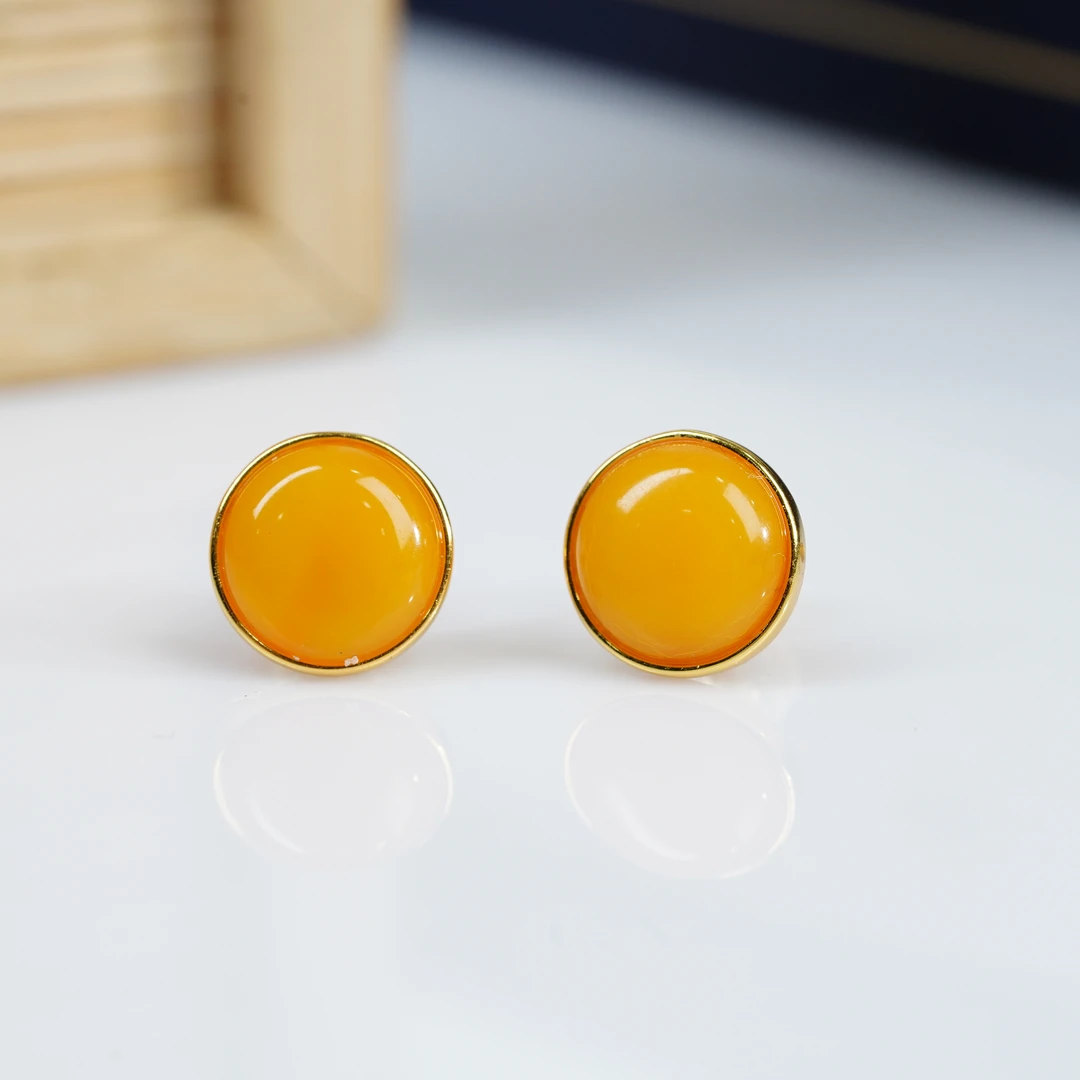 【小北珠宝】S925银镶嵌蜜蜡耳钉22-25H03X903【多样性发一件】约9mm+