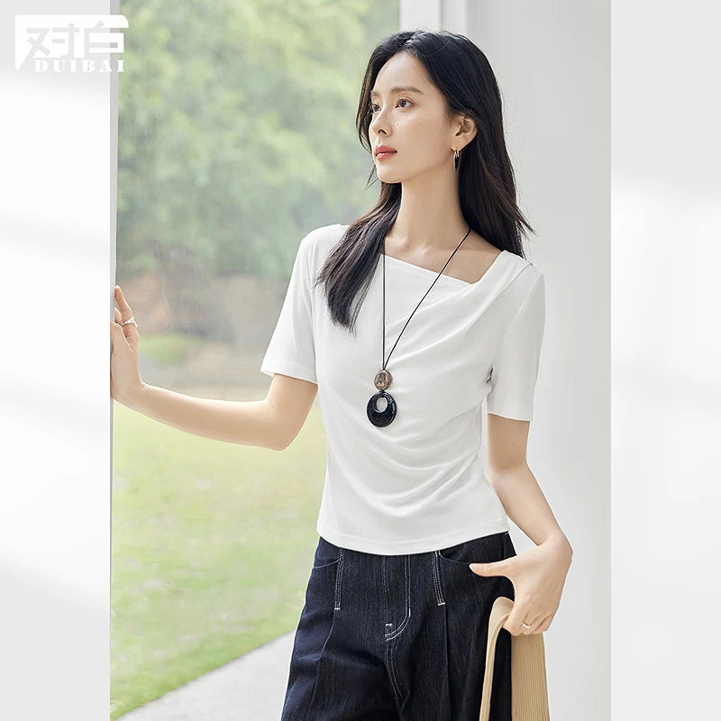 对白不规则褶皱斜领短袖T恤女2025夏季新款气质显瘦柔软百搭上衣