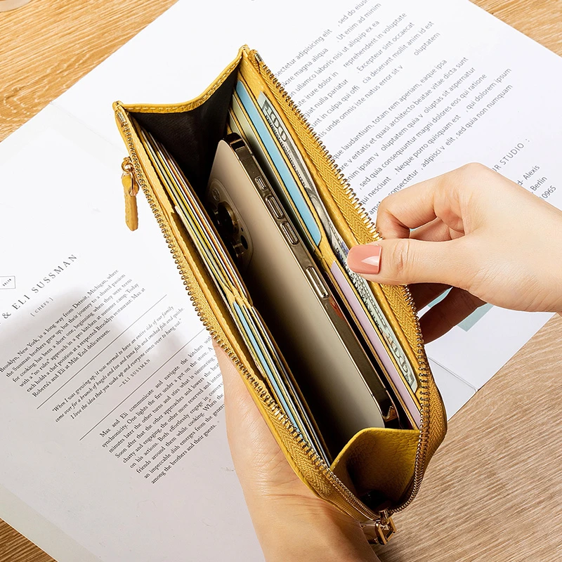 纯牛皮无隔层多卡位长款拉链钱包简约真皮多口袋超薄大钞夹放手机