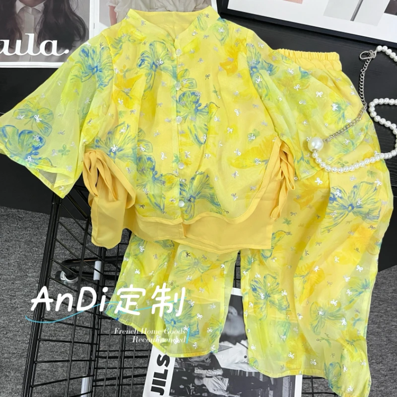 〖ANDI〗安迪订制夏季女童蝴蝶结时尚洋气上衣长裤两件套套装4469
