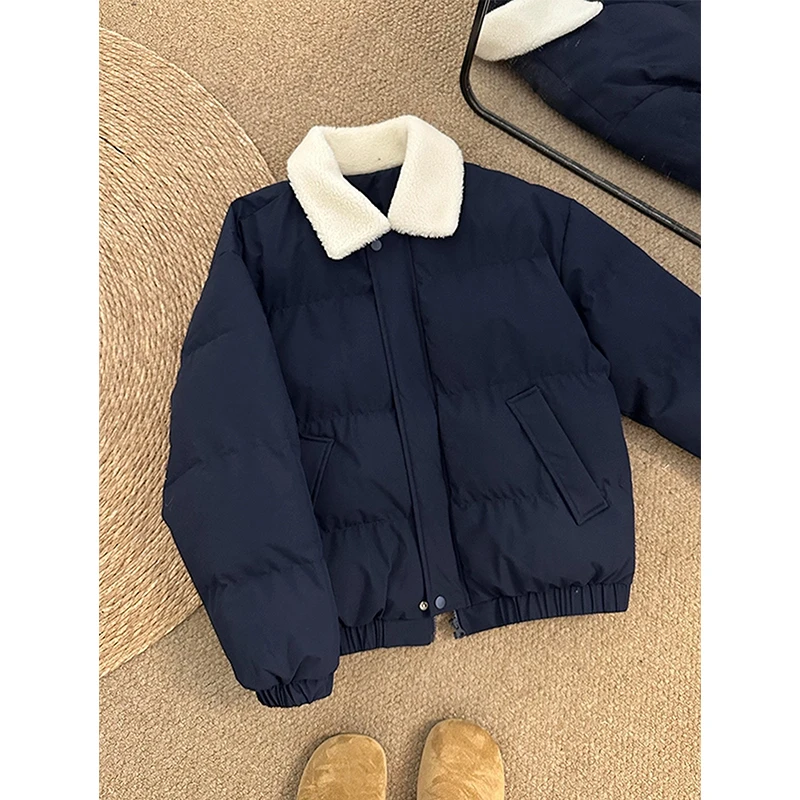 藏青色羊羔绒翻领棉服外套男款冬季美式复古加厚保暖棉衣短款棉袄