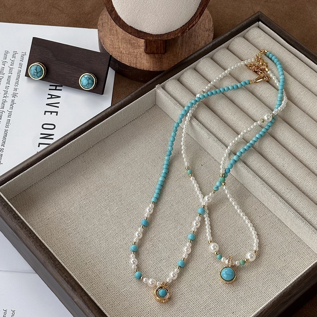 铜树脂项链 复古时装风女原创设计蓝色复古绿色配饰