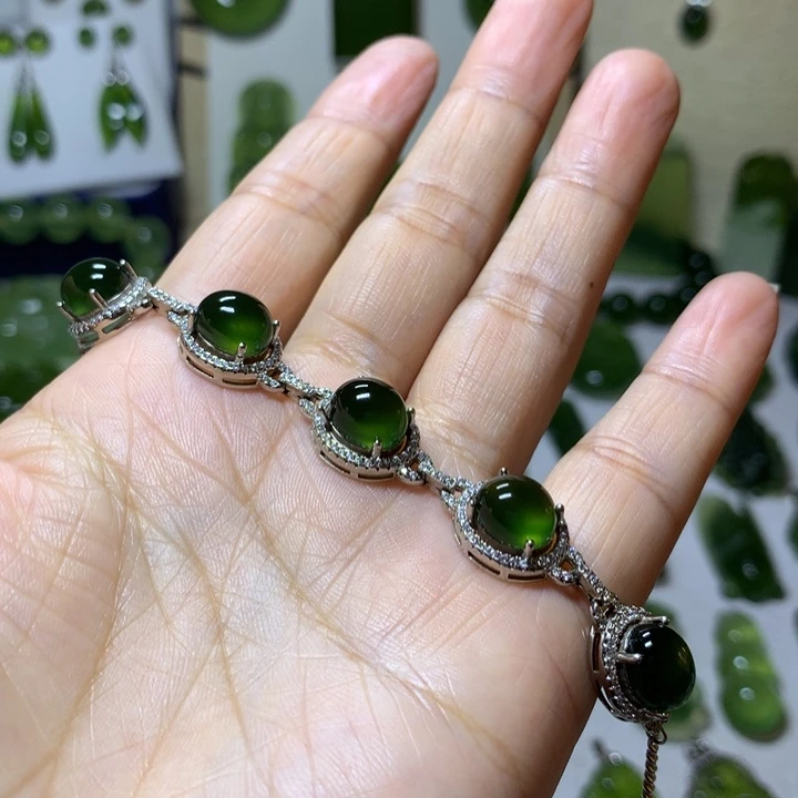 岫玉手链银S925镶嵌手链