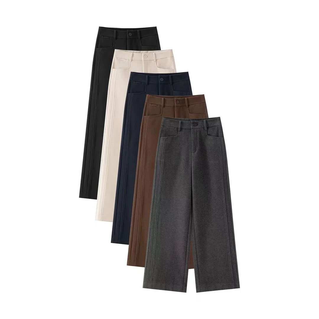 冬季新款毛呢高端女窄版休闲裤阔腿裤2025新款时尚遮肉显瘦直筒裤