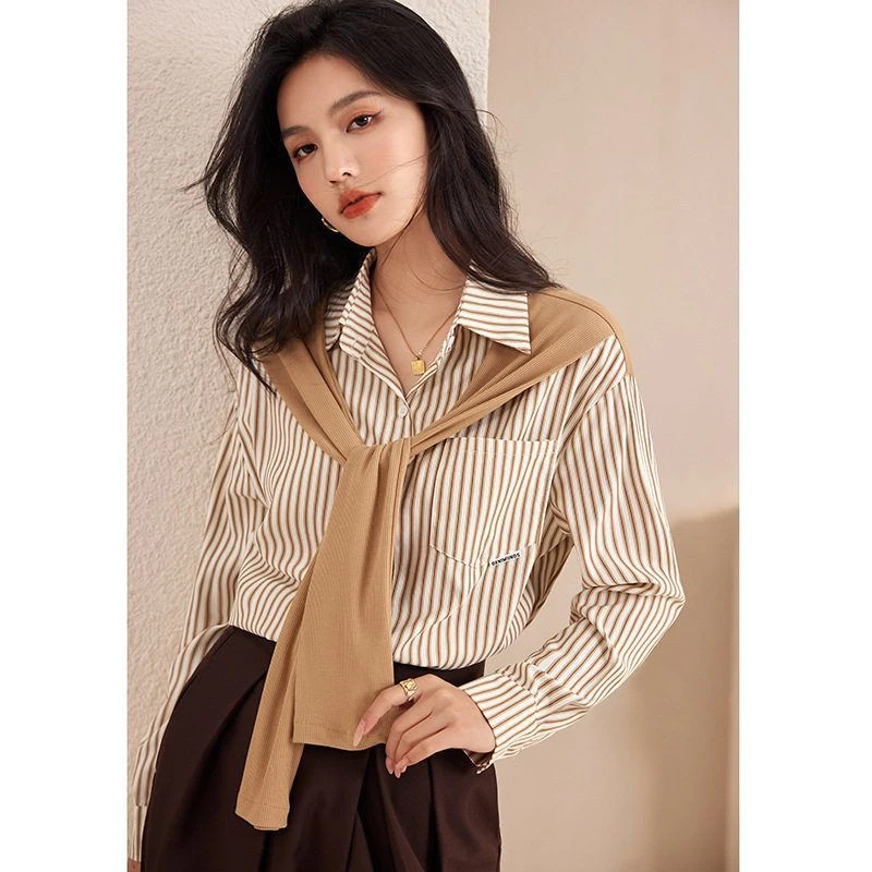 披肩假两件上衣条纹衬衫女2025年春秋新款韩版通勤叠穿宽松衬衣