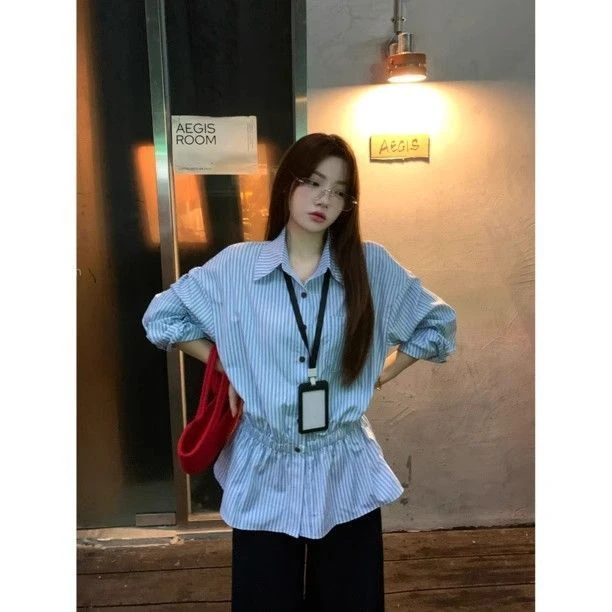 蓝色条纹衬衫连衣裙子女2025新款夏韩系高级感小个子收腰显瘦衬衣