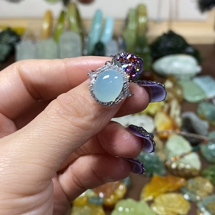 蛇纹石玉戒指银S925镶嵌落**云