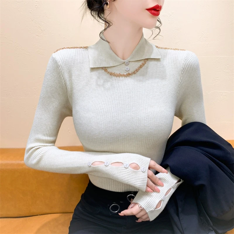 实拍秋冬新款气质小众正肩POLO领纯色打底衫修身针织衫内搭毛衣女
