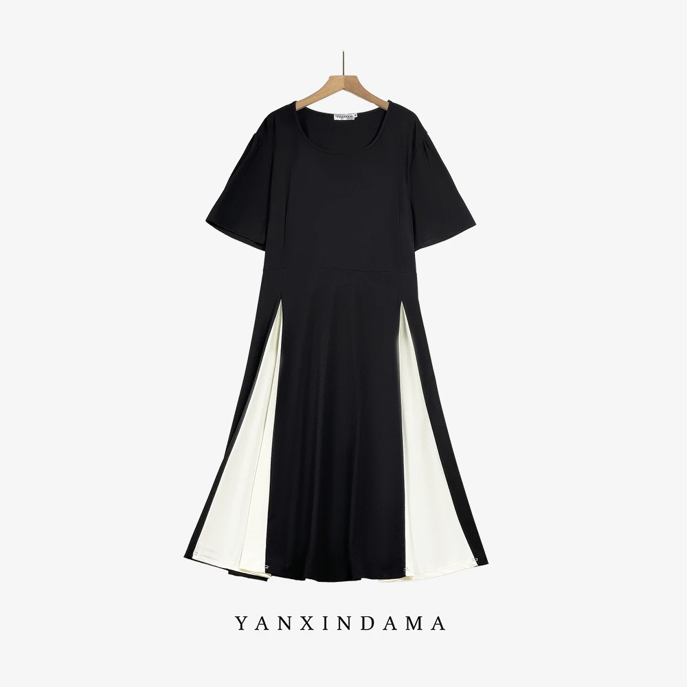 大码女装300斤胖MM时尚法式显瘦宽松中长款短袖圆领连衣裙9111