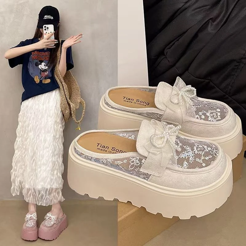 啄木鸟厚底增高7CM跟包头半拖鞋女夏季外穿蕾丝透气玛丽珍凉拖鞋