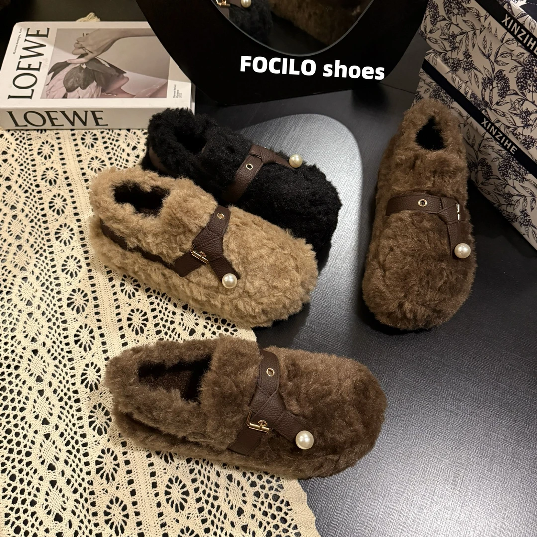 网红珍珠时尚保暖雪地靴女秋冬2025新款厚底毛毛鞋加绒棉鞋配裙子