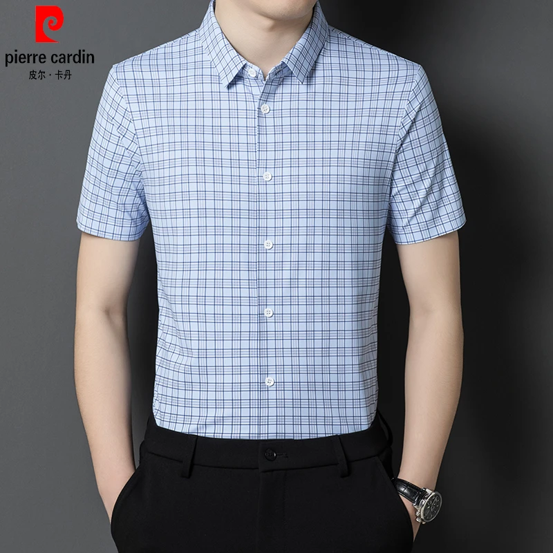 皮尔卡丹高端桑蚕丝男士短袖衬衫中年休闲免烫薄款真丝格子衬衣男