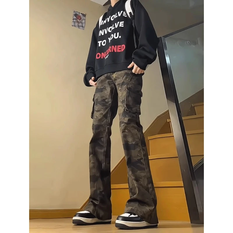 美式高街vibe迷彩微喇牛仔裤男款春秋季cleanfit伐木工装直筒裤子