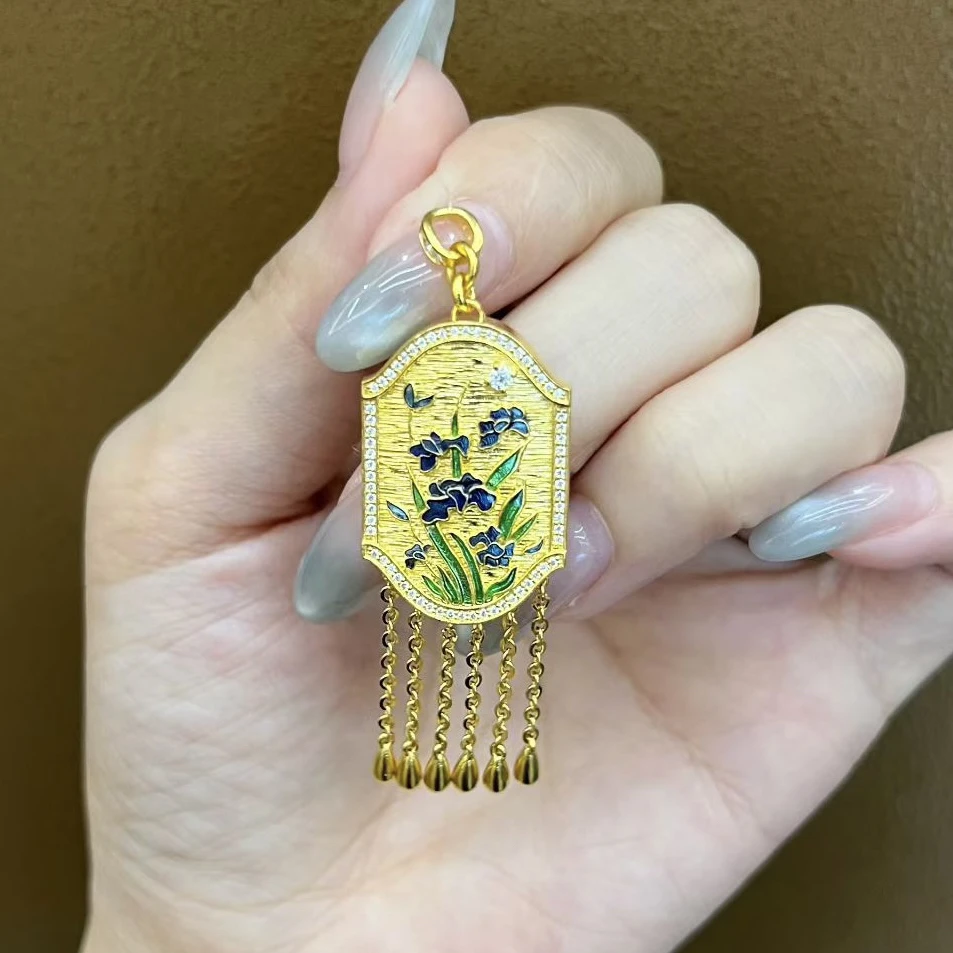 足金999镶嵌流苏兰花草吊坠