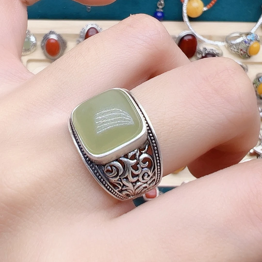 和田玉戒指银S925镶嵌