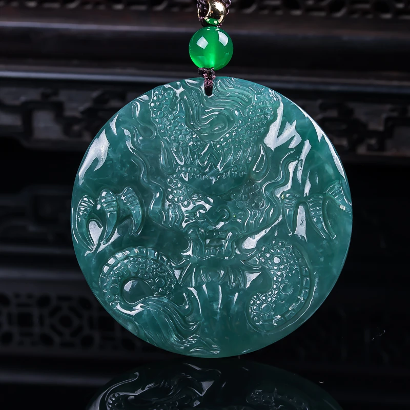 天然翡翠A货满绿精雕龙牌挂件翡翠吊坠