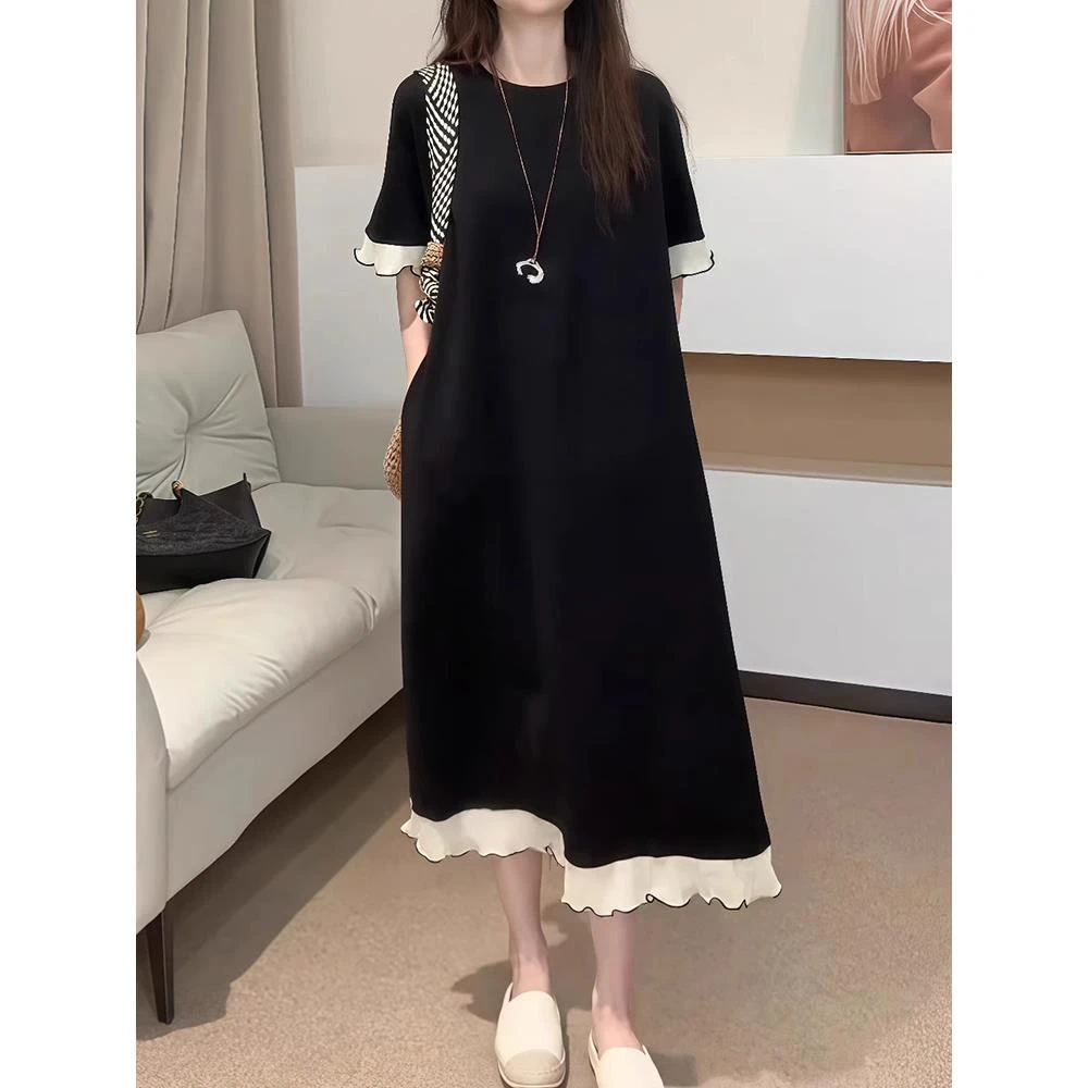 孕妇连衣裙夏季2025新款法式宽松遮肚大码拼接t恤裙夏款孕妇裙子