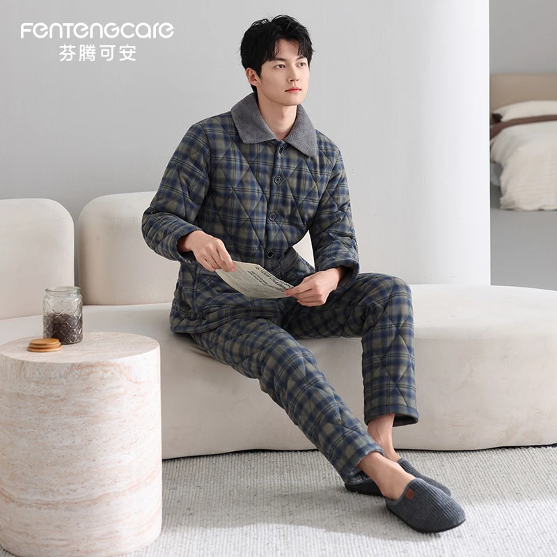 芬腾可安纯棉夹棉男士睡衣保暖加厚加绒长袖冬款格子家居服两件套