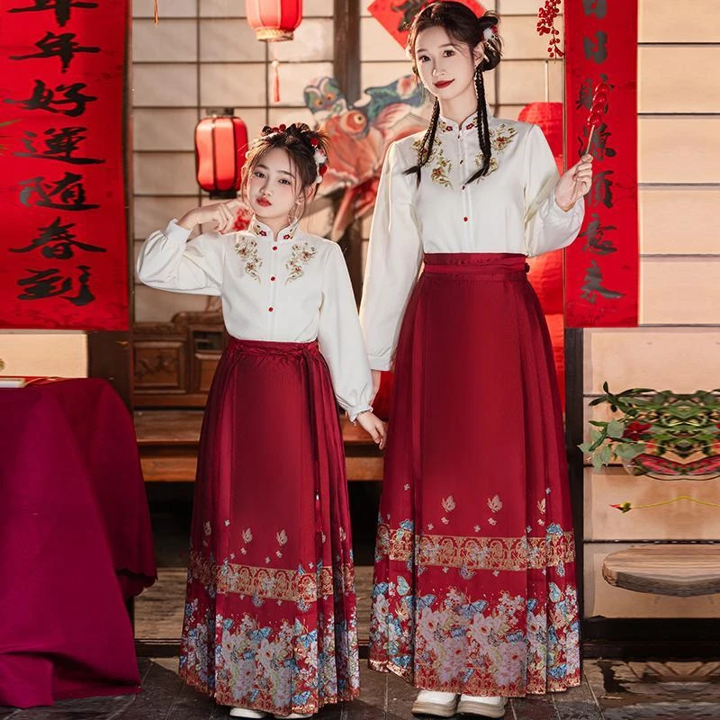 女童织金马面裙套装秋冬装2025新款拜年服汉服儿童加绒亲子装母女