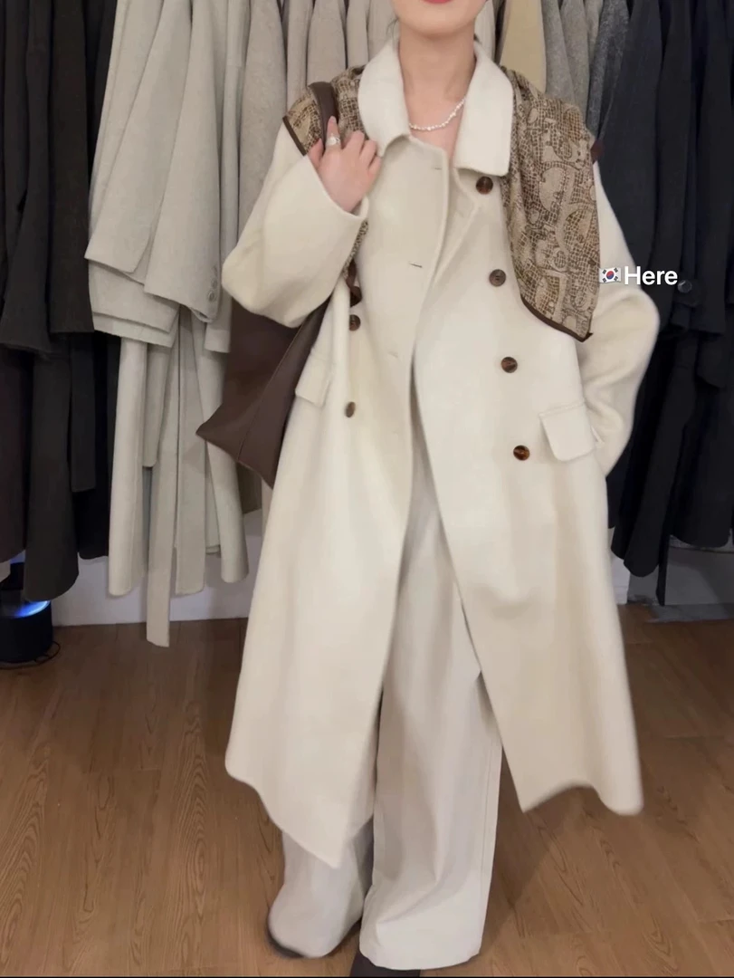 No退换 apoint韩国东大门23秋纯色排扣翻领毛绒长款大衣外套