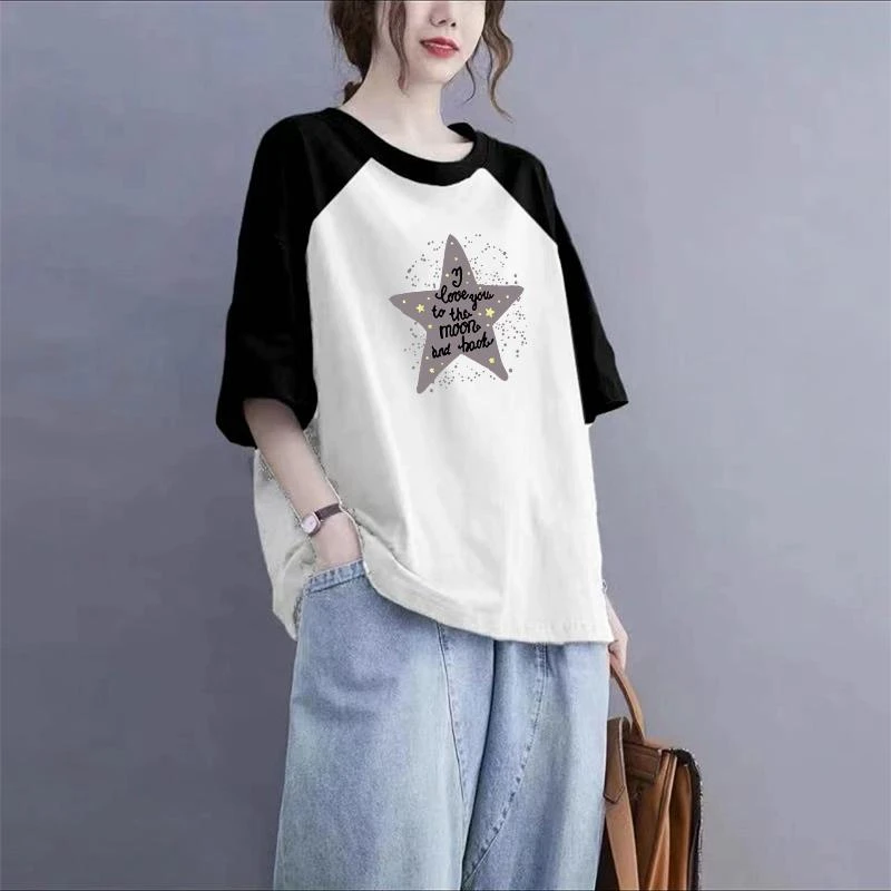 大码女装拼接纯棉短袖T恤夏季新款宽松显瘦遮肉韩版撞色圆领上衣