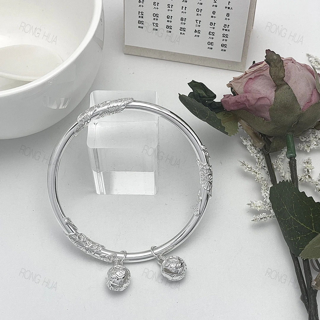 足银手镯 繁花似锦闭口铃铛银饰手镯9999时尚轻奢高级气质