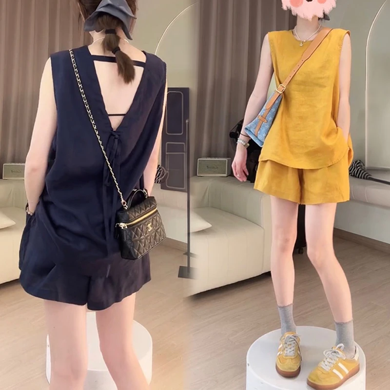 气质减龄一整套女士夏季新款圆领无袖背心上衣高腰休闲短裤两件套