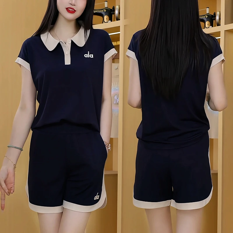 翻领运动套装女夏季2025新款韩版宽松时尚减龄短袖T恤短裤两件套