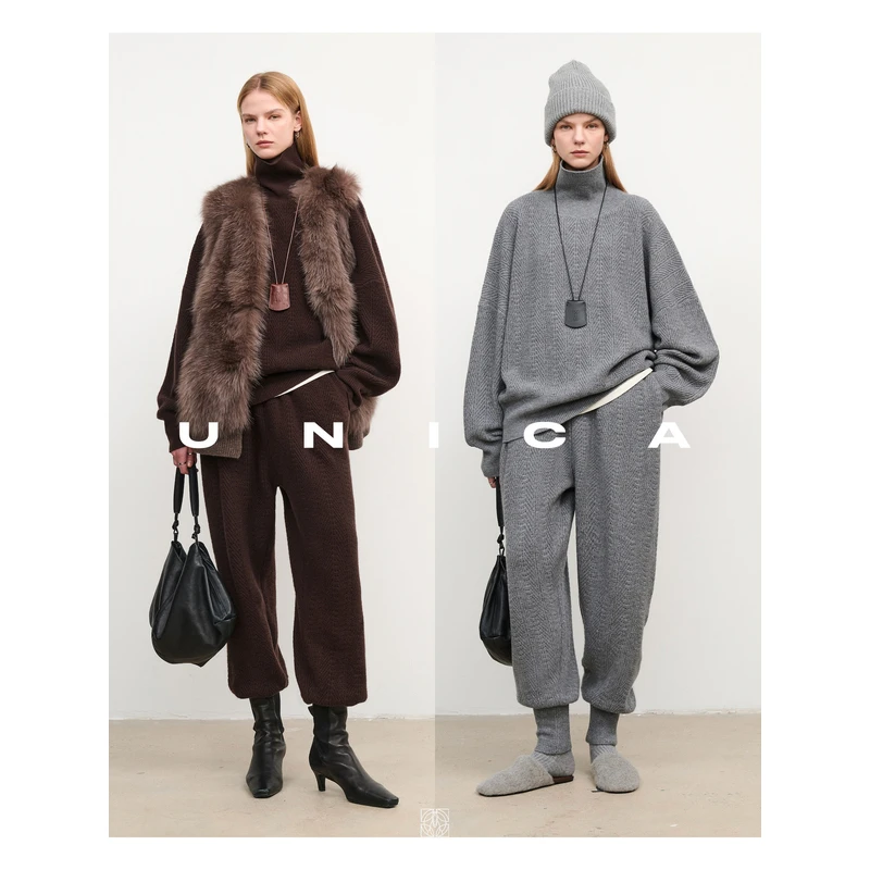UNICA/时髦复古人字纹加厚羊绒羊毛半高领针织宽松束口裤针织套装
