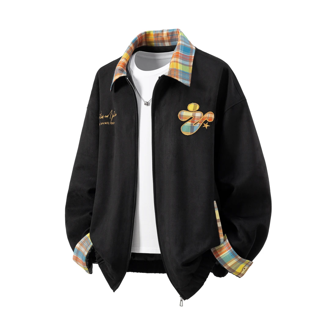 春秋季美式休闲潮牌男装新款上衣麂皮绒刺绣夹克外套男宽松复古款