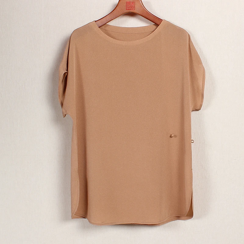 【洛尘】复古新中式桑蚕丝国风女士中国风纯色薄款简约短袖上衣
