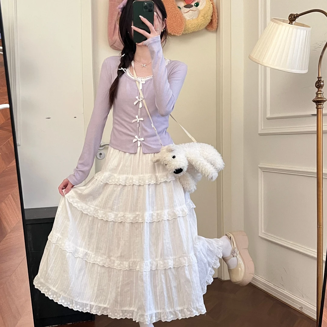 芋泥奶冻 织物猪原创 春季新款温柔香芋紫初恋上衣镂空花边蛋糕裙