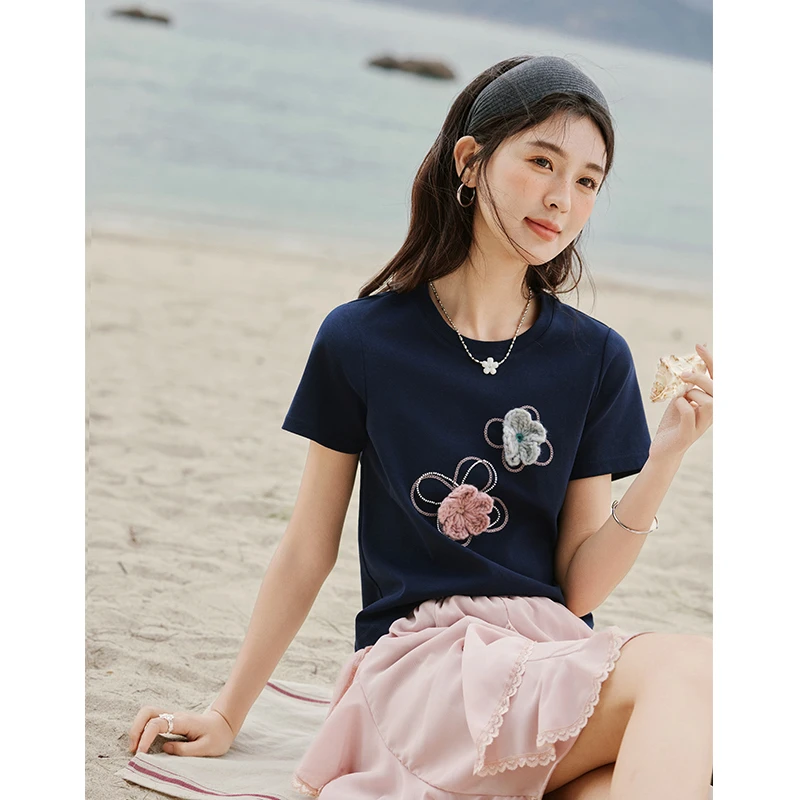 【马琦尧专属】谜秀立体花朵珠绣棉混纺T恤女2025夏季MXE33T0499