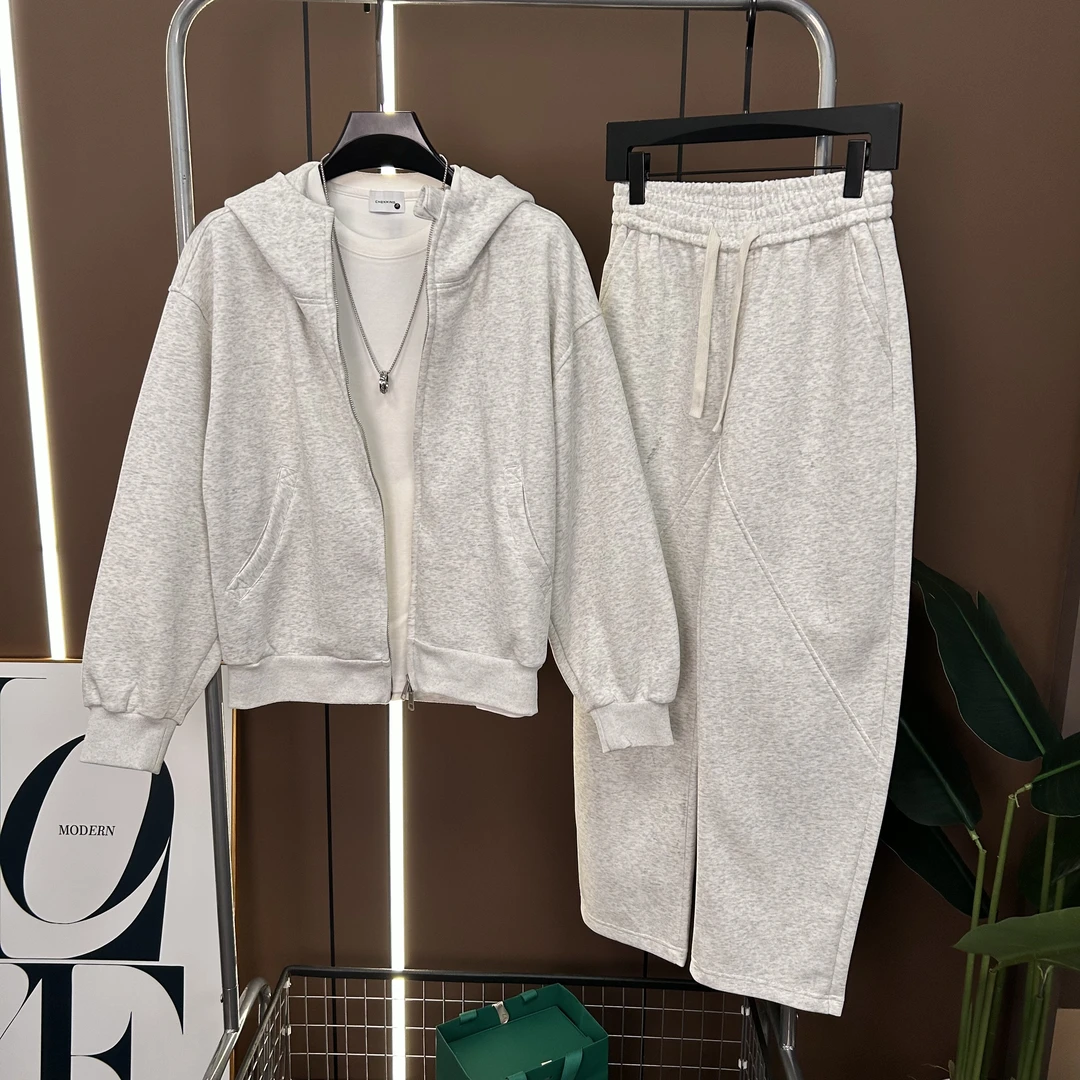 2025秋季美式简约重磅连帽卫衣开衫男潮流阔版休闲宽松百搭两件套