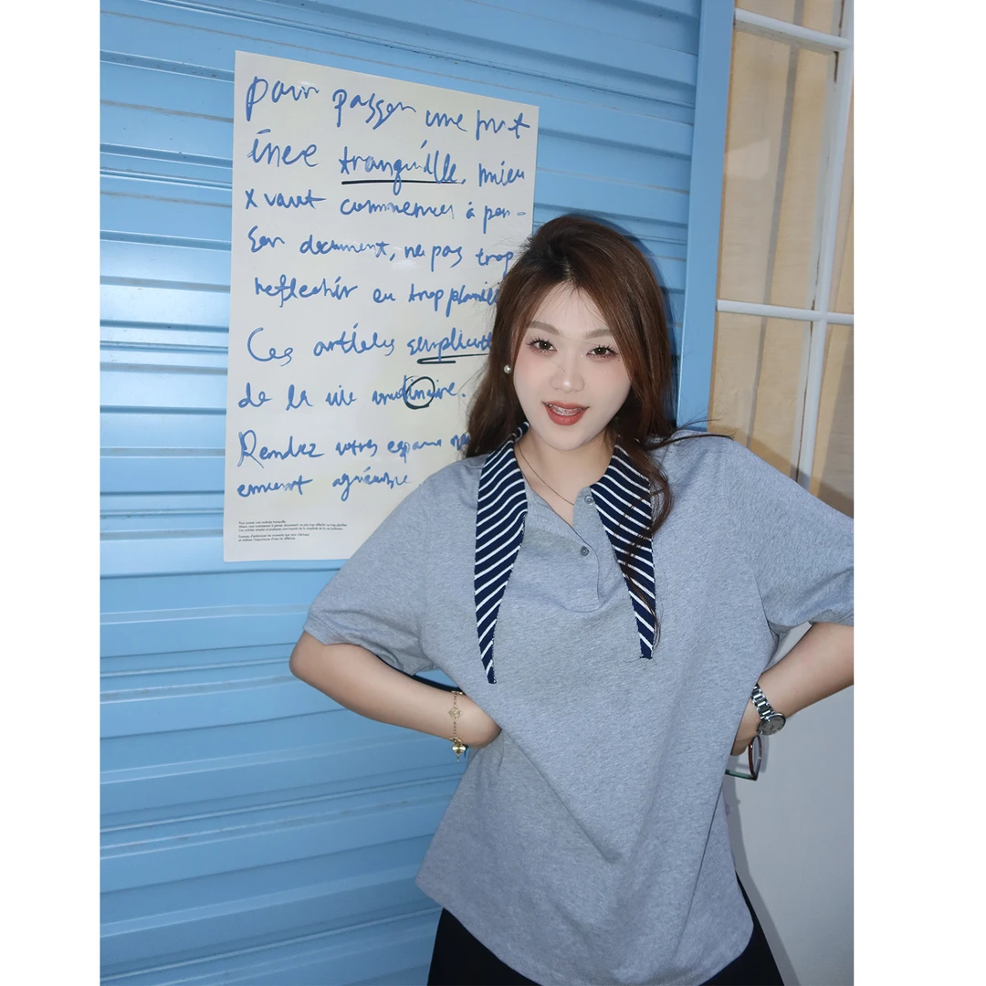 裂渡宣宣【学院情书】微胖大码女夏时尚百搭学院风针织T恤ZY504F54