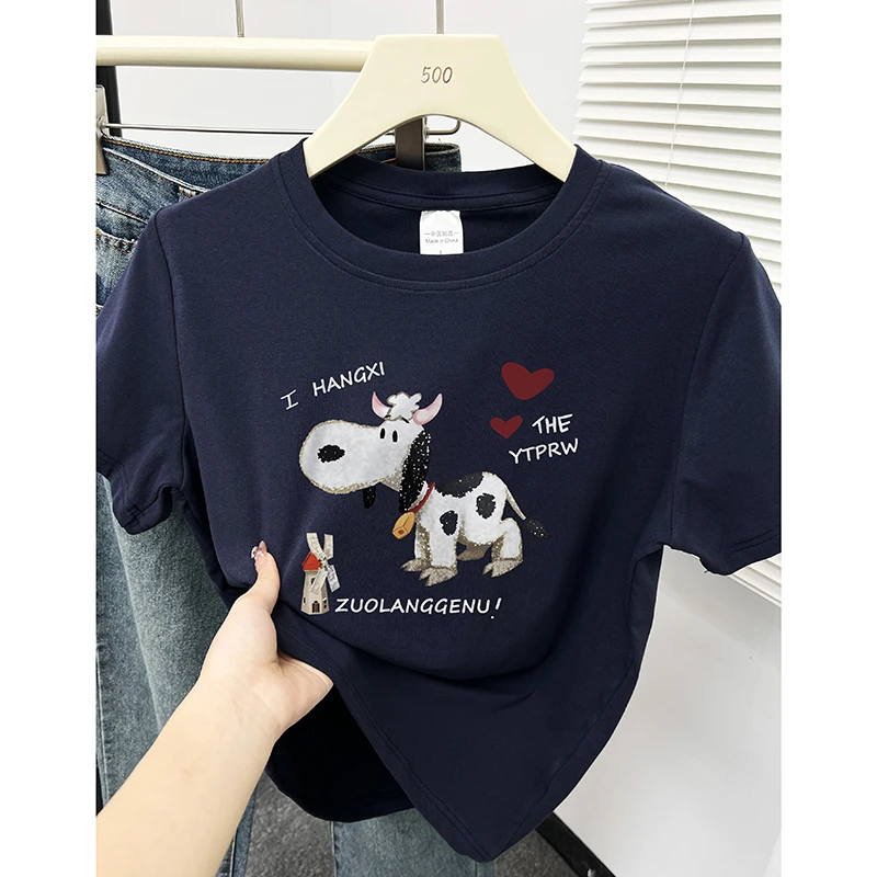 正肩短袖T恤女夏季新款设计感小众洋气印花爆款圆领显瘦小版上衣